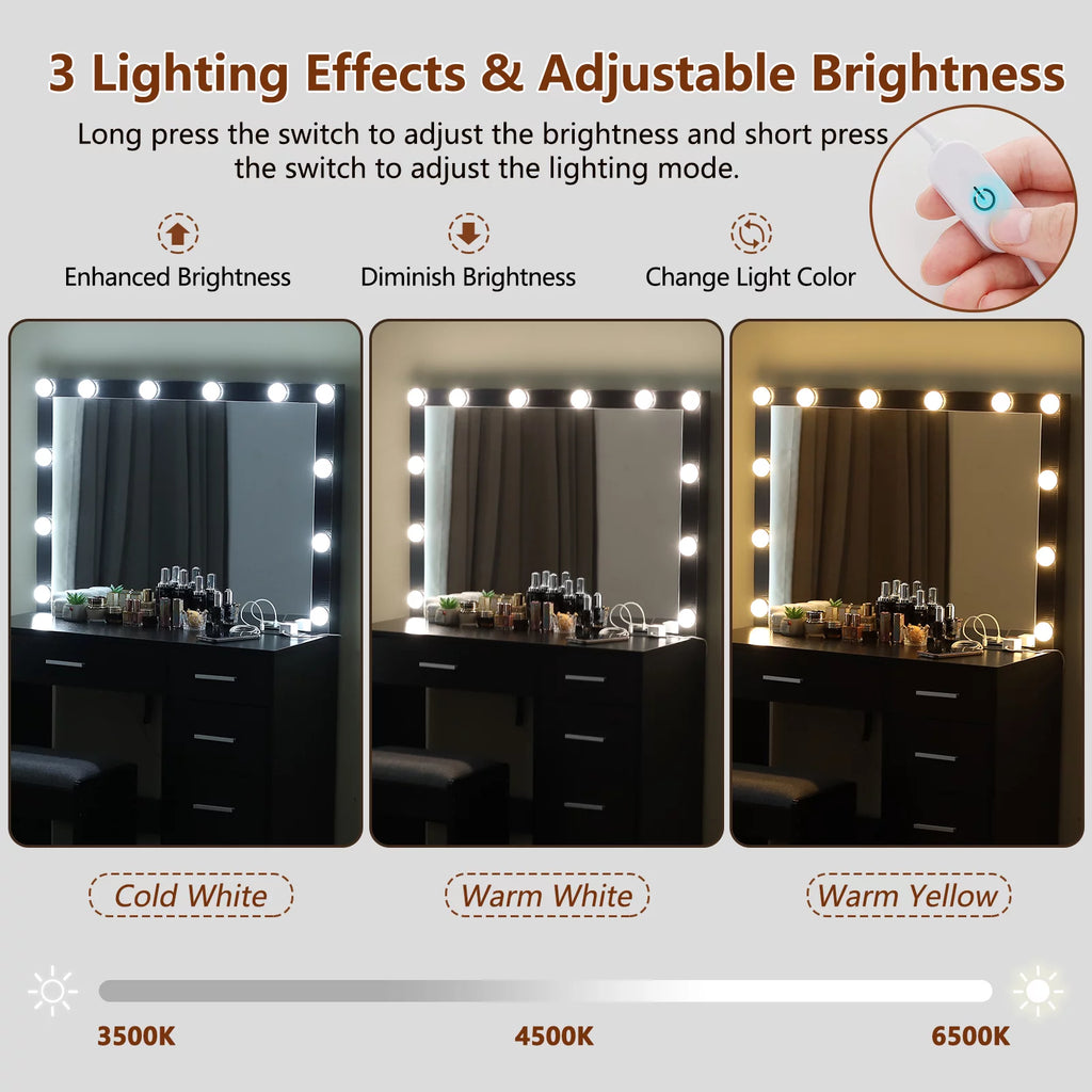 Black Makeup Vanity Table with Lighted Mirror and Stool C686