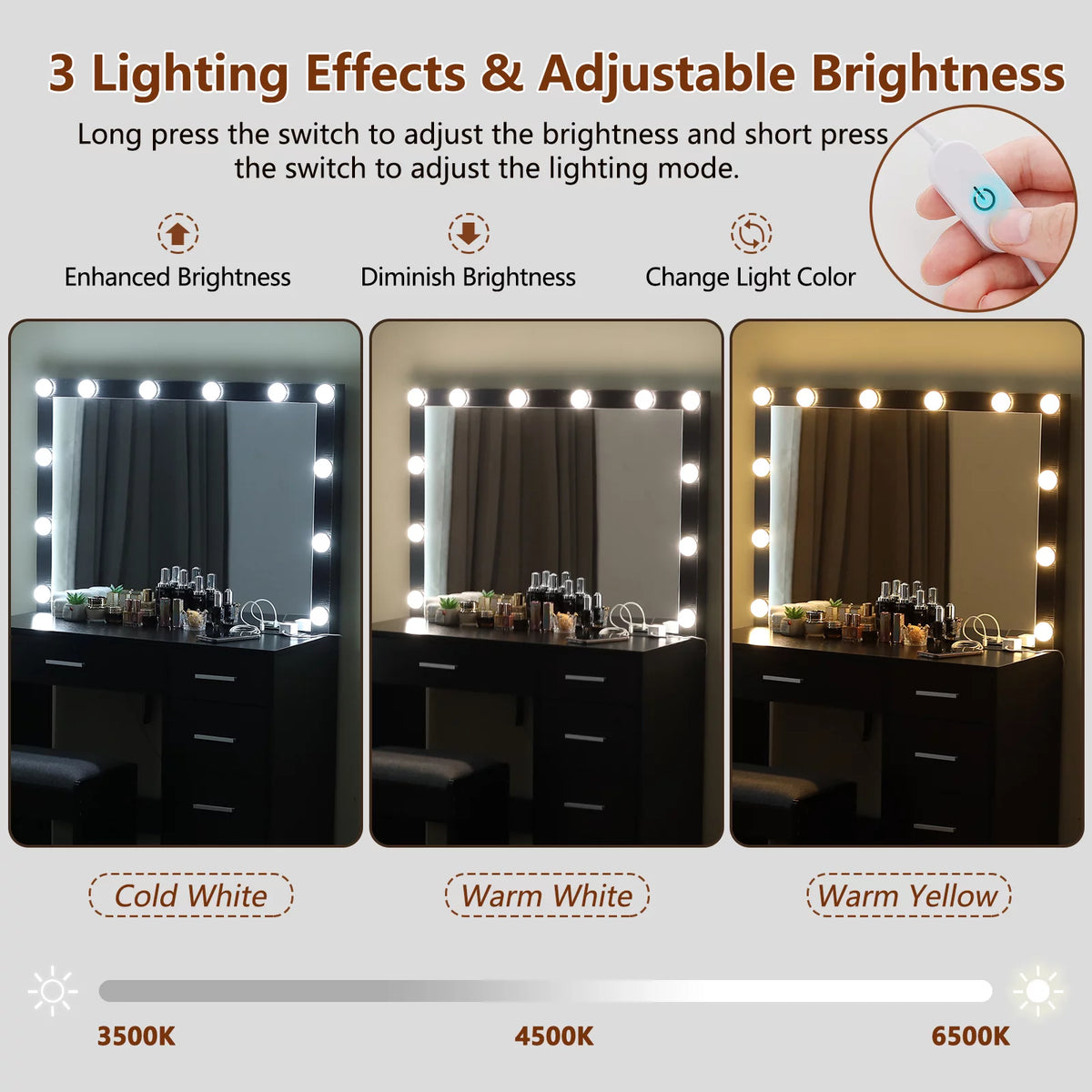 Black Makeup Vanity Table with Lighted Mirror and Stool C686