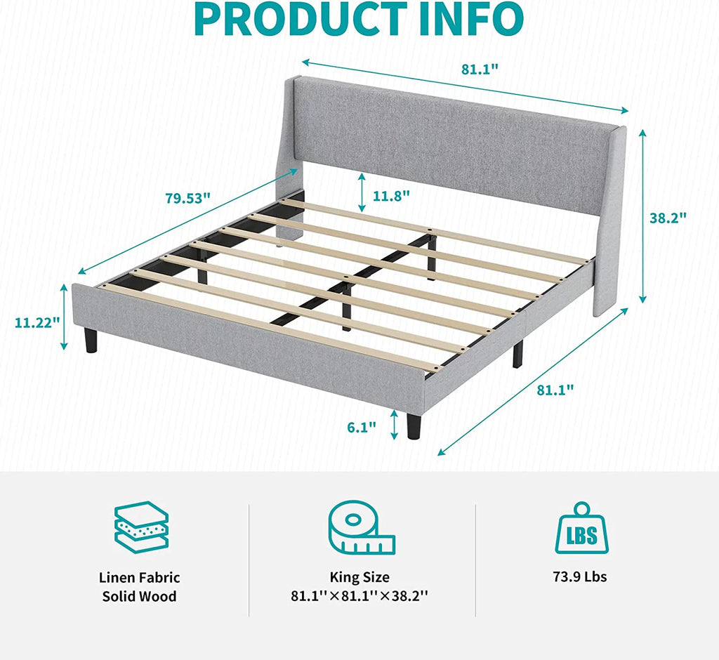 King Size Light Gray Linen Upholstered Bed Frame H536782