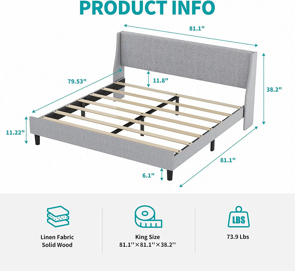 King Size Light Gray Linen Upholstered Bed Frame H536782