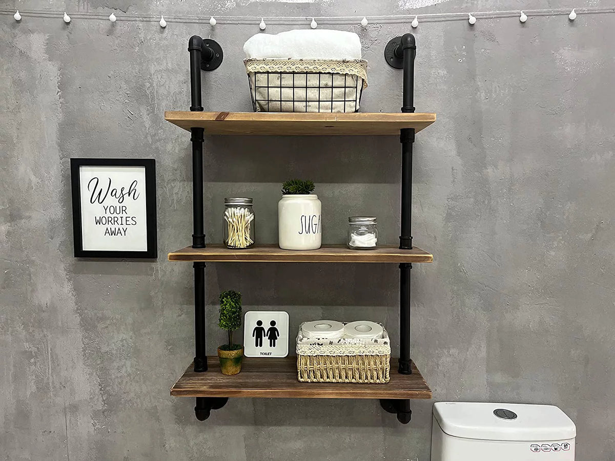 Industrial Pipe Real Wood Floating Wall Shelves 24 Inches X3427