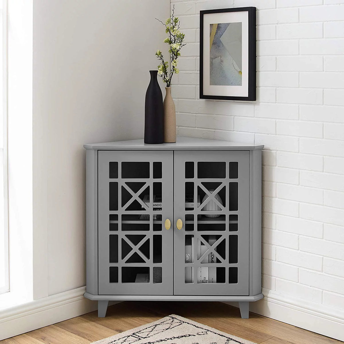 2 Door Corner Accent Table 32 Inch Grey N988