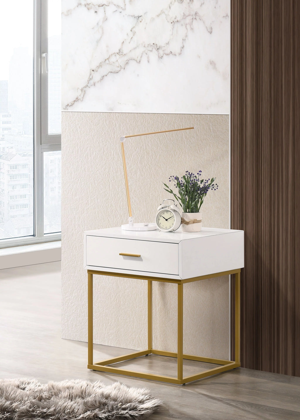White 1-Drawer Nightstand with Gold Metal Legs M39367