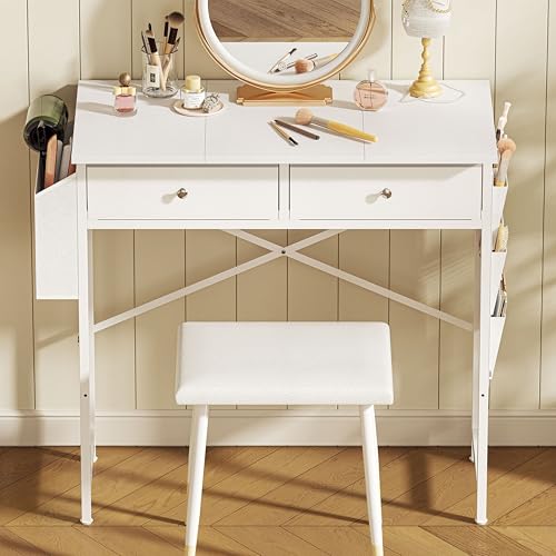 White 32 Inch Vanity Desk with Fabric Drawer M39883