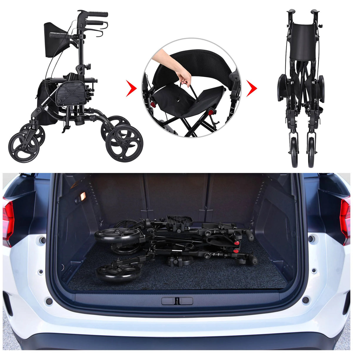 2 in 1 Rollator Walker Transport Wheelchair with Backrest Footrests Foldable Black O197