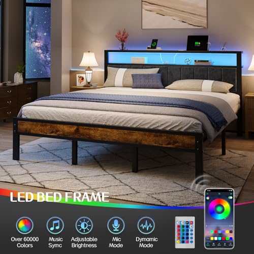 Queen Size Platform Bed Frame with Storage Headboard and Charging Station R422