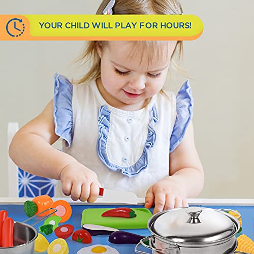 Play Food and Stainless-Steel Pots and Pans and Utensils Toy Kitchen Playset E812