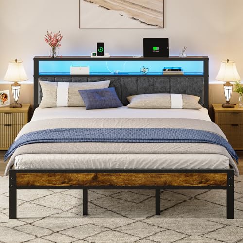 Queen Size Platform Bed Frame with Storage Headboard and Charging Station R422