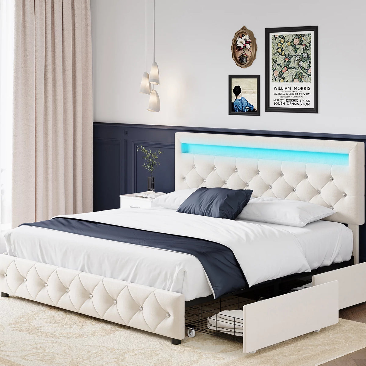 Full LED Bed Frame with 4 Storage Drawer, Upholstered Platform Bed with Adjustable Headboard, Black F7891