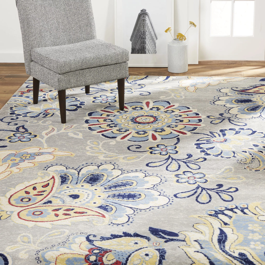 Grey/Red Bohemian Floral Area Rug 5'3"x7'2" A52027