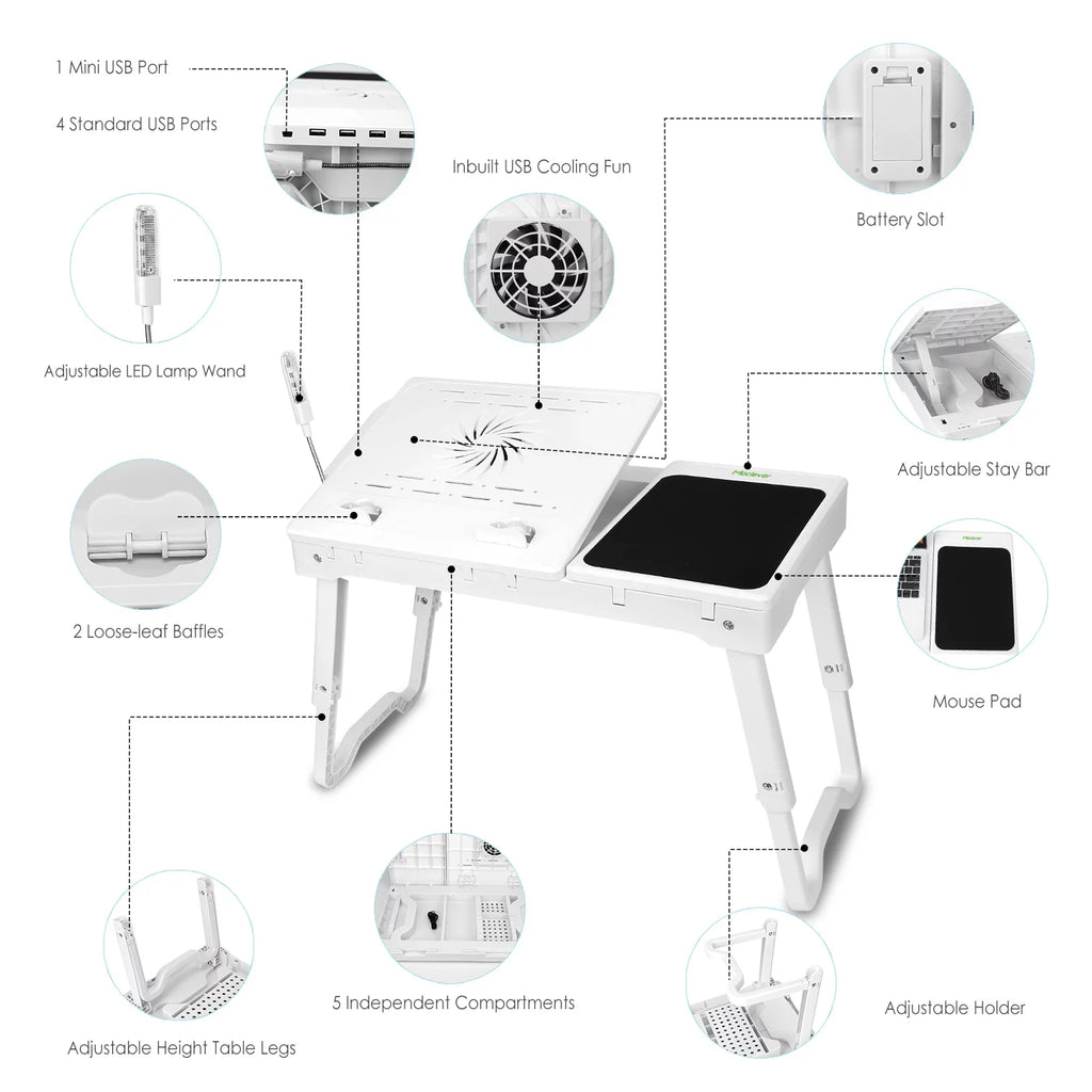 Portable Foldable Laptop Desk Bed Tray with USB Fans White D268479