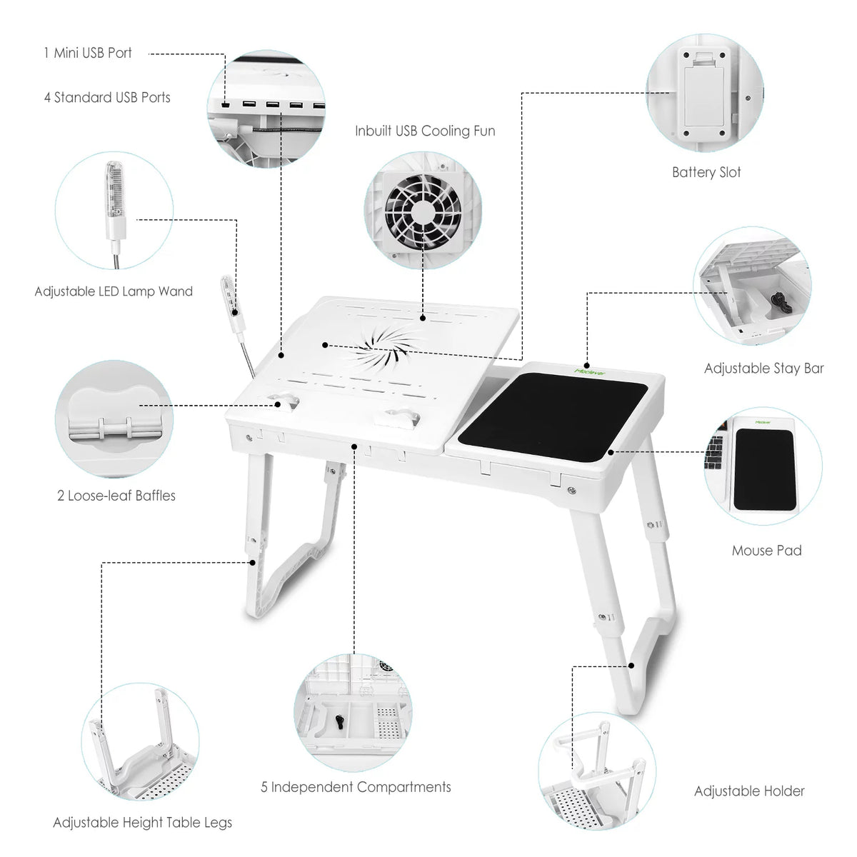 Portable Foldable Laptop Desk Bed Tray with USB Fans White D268479