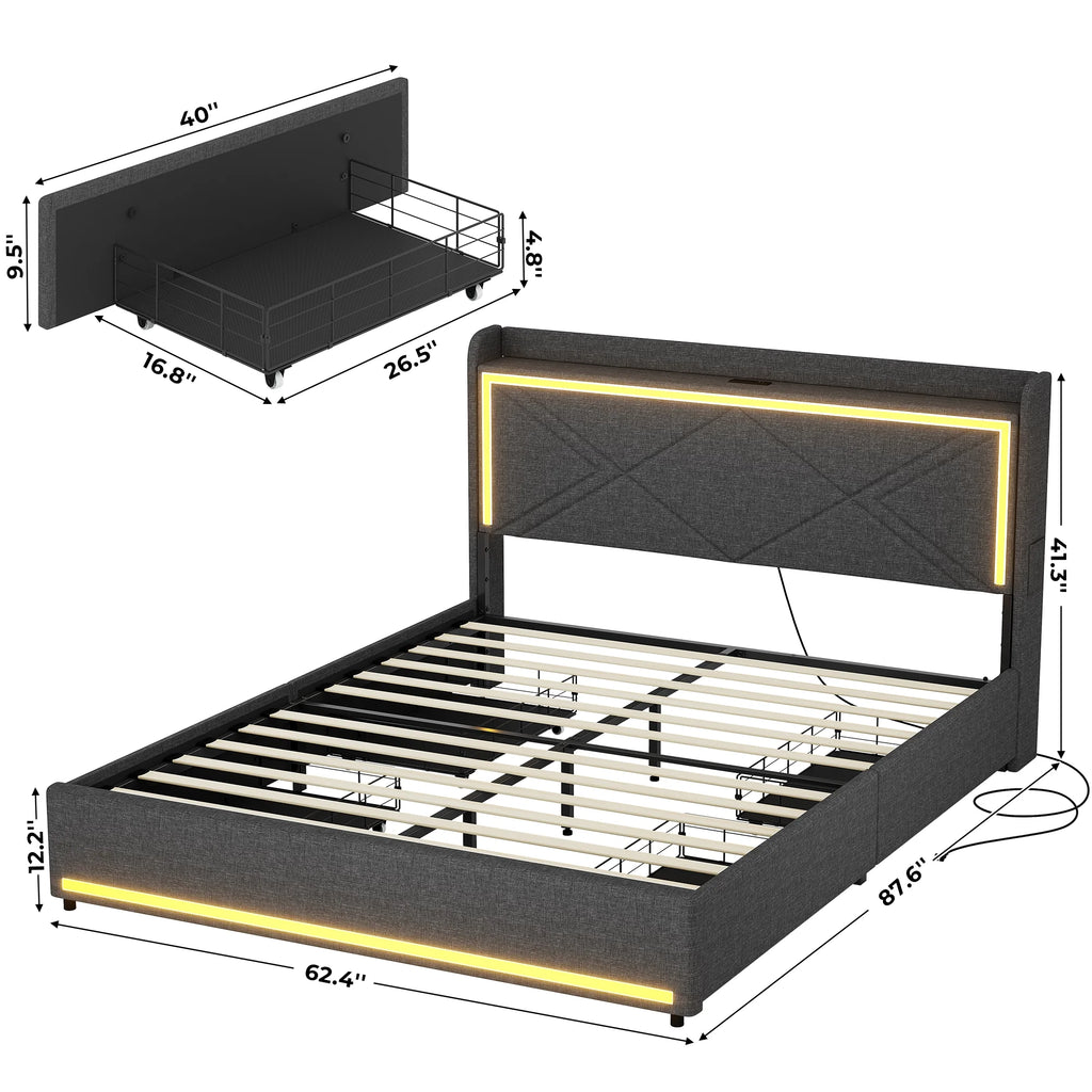 Queen Bed Frame with LED Lights Headboard and Charging Station, Upholstered Platform Bed with Storage Drawers, Dark Gray Q31804