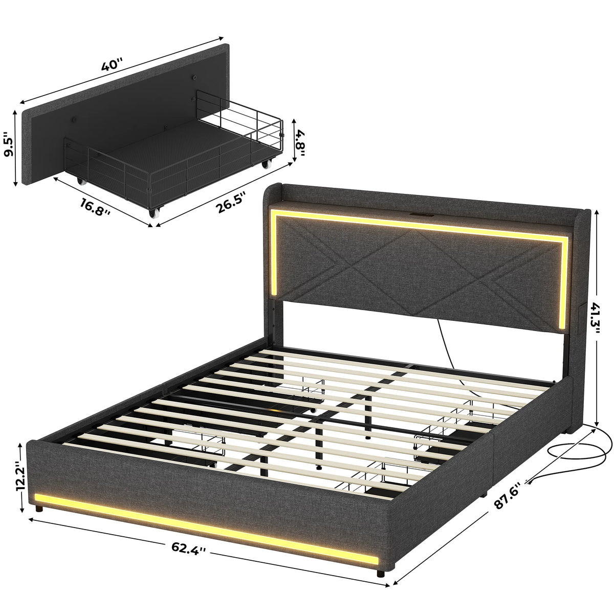 Queen Bed Frame with LED Lights Headboard and Charging Station, Upholstered Platform Bed with Storage Drawers, Dark Gray Q31804