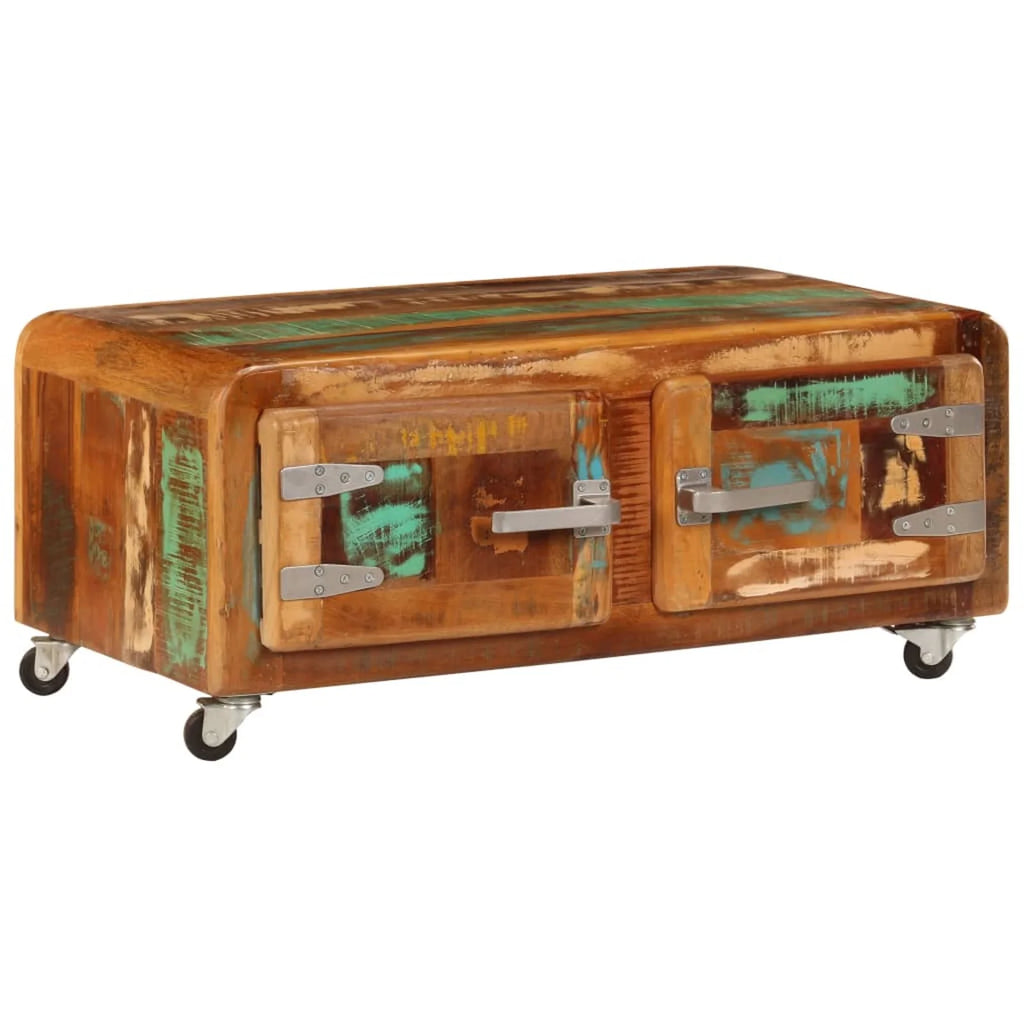 Rustic Coffee Table with Storage Cabinet and Wheels Solid Reclaimed Wood R913314