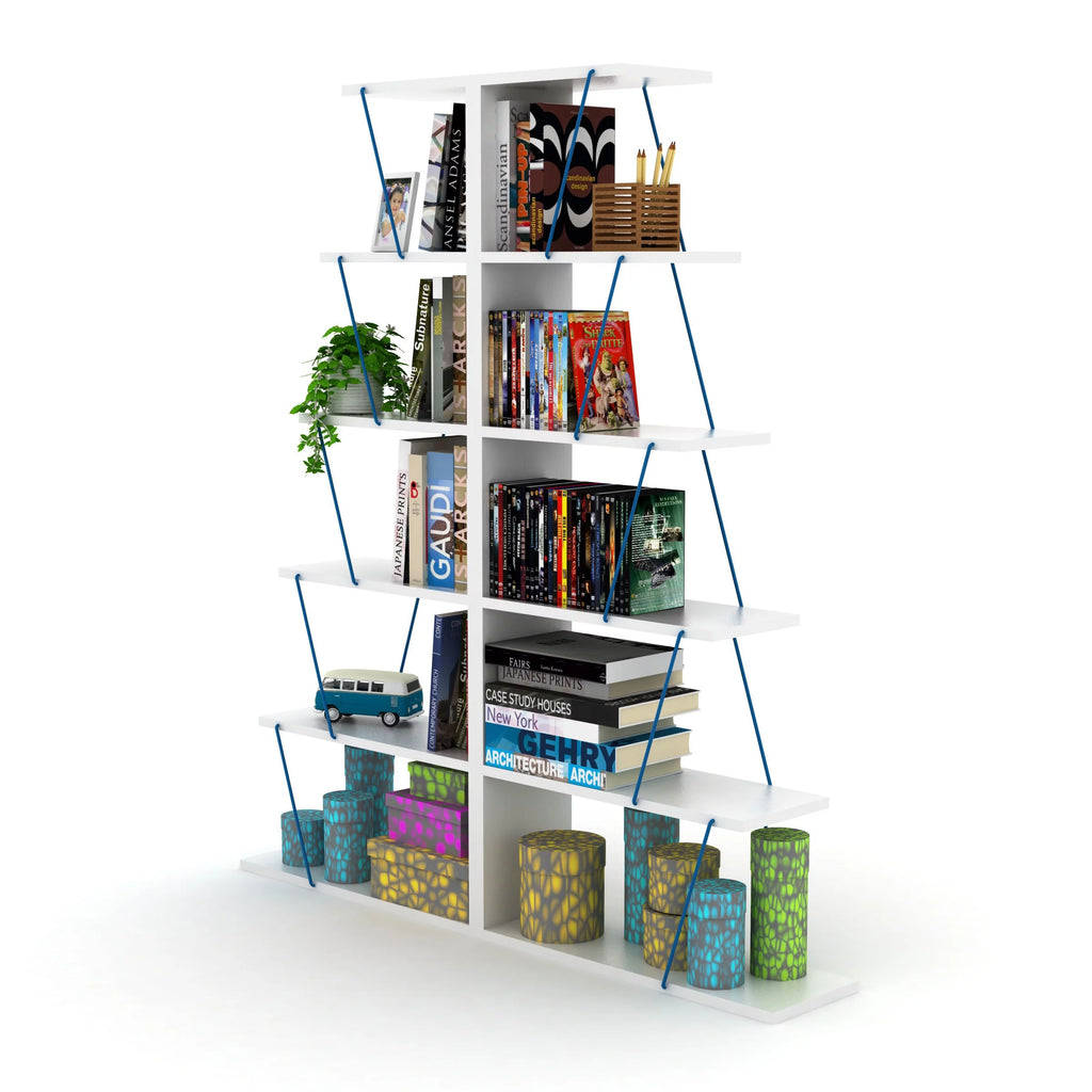 Modern 5 Tier Ladder Bookshelf, White/Blue X206547