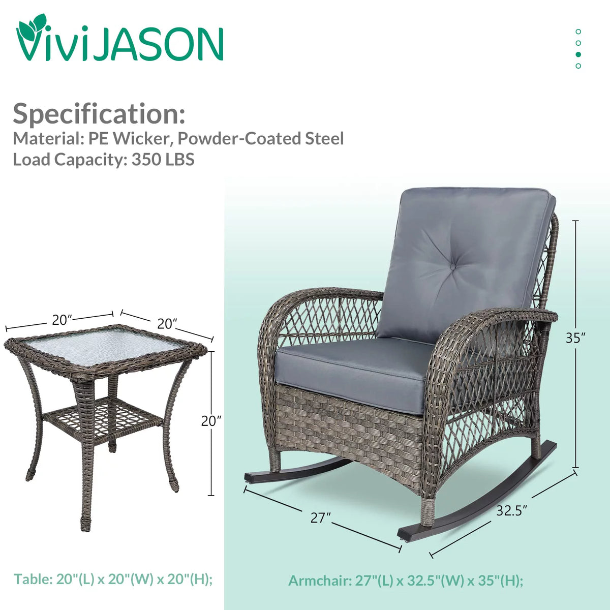 3-Piece Outdoor Wicker Rocking Bistro Set with Glass Top Side Table P504