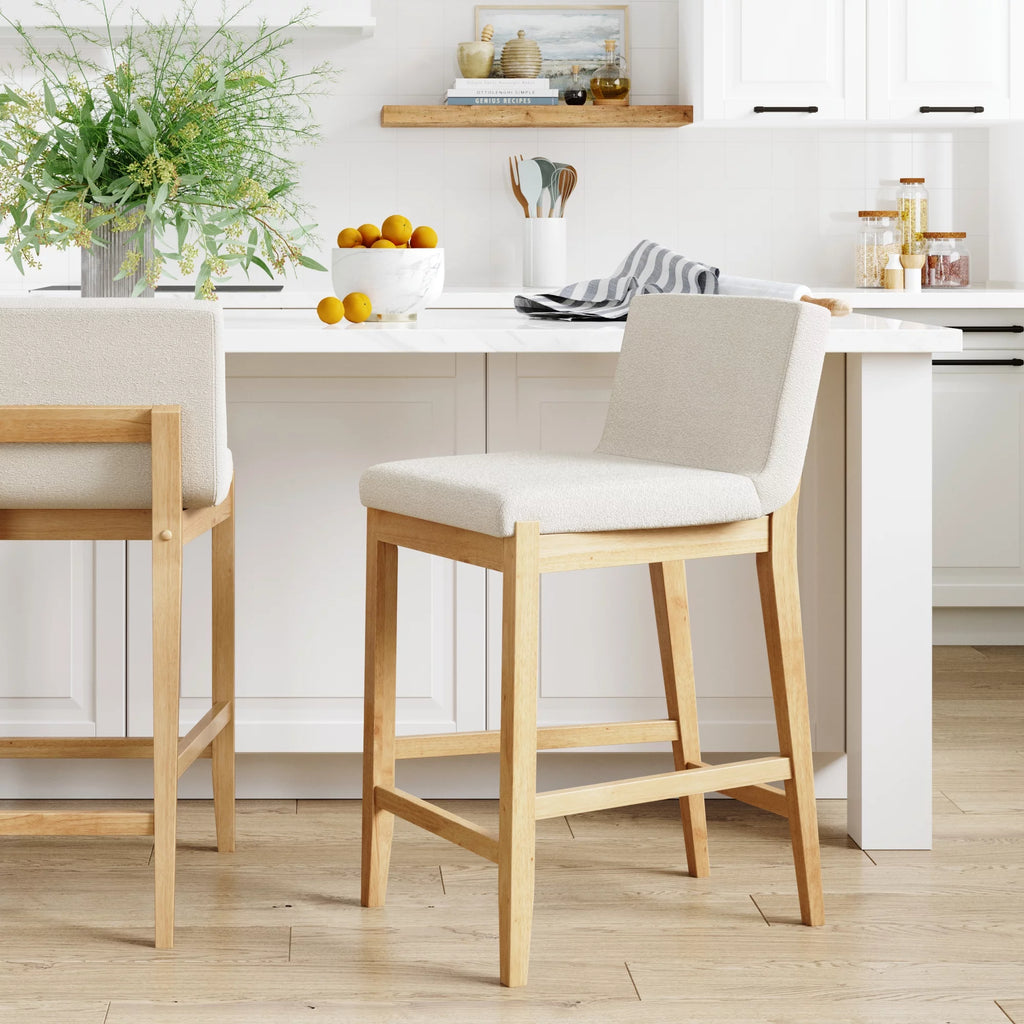 Counter Height Bar Stool with Back Upholstered Boucle Linen White Light Brown D8610