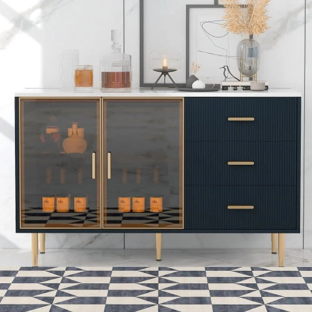 Modern MDF Buffet Cabinet with Tempered Glass Doors and Gold Metal Legs J6707